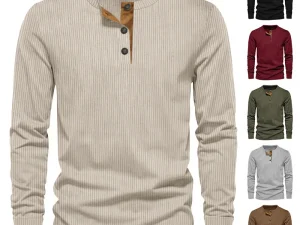 Spring and Autumn New Men's Long Sleeve T-shirt Corduroy Retro Casual Men's Clothing Slim Solid Color Long Sleeve Henley Shirt