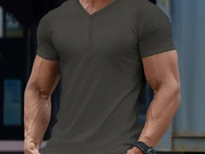 Fashion Men's Short Sleeve Button T-Shirt Henley Collar Bamboo Texture Summer Trendy Casual Solid Short T