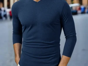 New Men's Business Casual Long Sleeved Solid Color V-neck T-shirt for Autumn and Winter Comfortable Fashionable Versatile Top