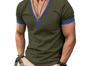 Spring and summer short-sleeved henry shirt casual men's V-neck contrast top heavy casual slim T-shirt