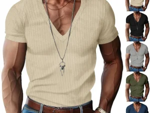 Amazon men's corduroy European and American summer men's V-neck solid color slim casual T-shirt