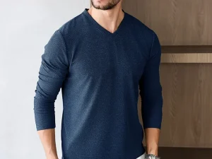 Men's Business Casual Long Sleeve V-neck T-shirt Solid Color Autumn Winter Comfortable Fashionable Versatile Top