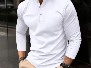 2025 Men's Summer Long Sleeve Henry Polo Casual Breathable Comfortable Polo Shirt Solid High Quality Male T-Shirt Dropshipping