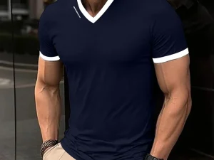 Men's Casual and Fashionable Solid Color V-neck Short Sleeved T-shirt with Letter Print Summer Versatile and Comfortable Top