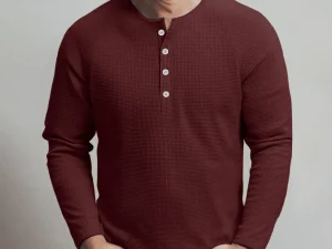 Plus-size loose-fitting waffle-knit henley collar men's long-sleeved button-down T-shirt slimming and casual base layer