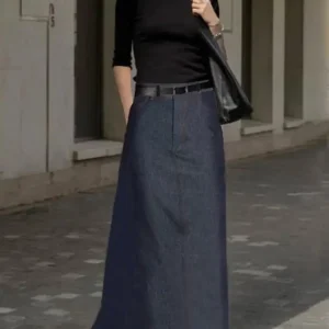 UOOZEE Women's High Waist A-Line Skirts 2024 New Autumn Fashion Imitation Denim Solid Color Casual Office Long Skirt Bottoms
