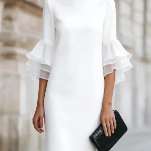 Ruffle Sleeve Bodycon Midi Dress Women Elegant Knee Length Sheath Party Cocktail Dress Long Sleeve Office Lady Dresses