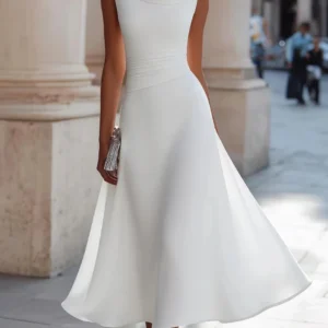 Sleeveless Cowl Neck Pleated Waist A Line Midi Dress Women Elegant Party Dress